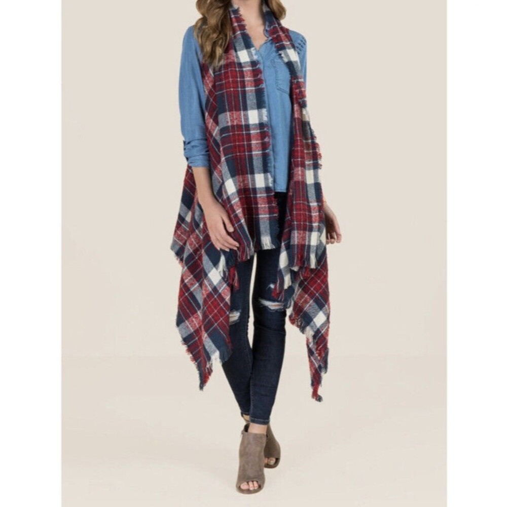 Sleeveless Cardigan Open Front Blue Red Plaid Fringe Vest Soft Warm One Size